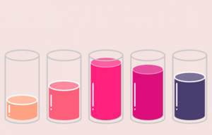 beakers with varying amounts of colourful liquid